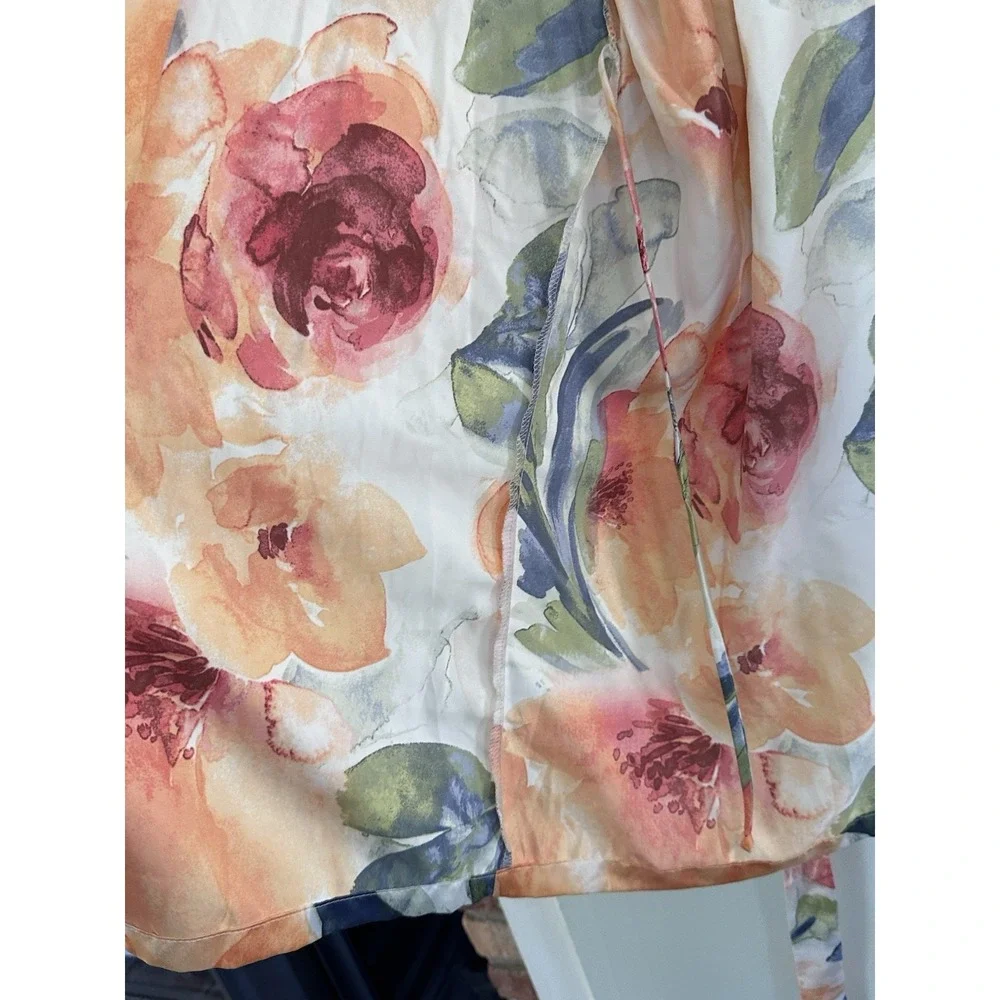 Linea Donatella Robe Womens S/M Watercolor Floral Satin Lace Trim Belted Kimono